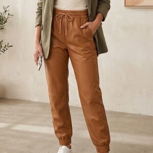 Women's Faux Leather Jogger Pants - Tan Faux Leather Joggers - Caramel 469"